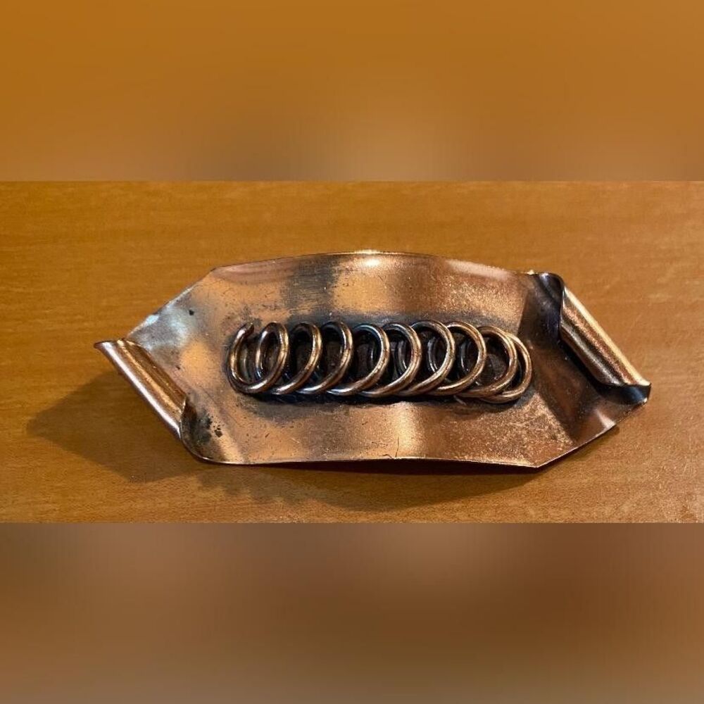 Copper Abstract Folded Bar Brooch Pin Linked Rings Modernist 3 Inch Jewelry